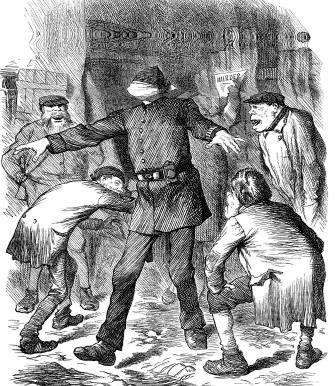 A blindfolded Victorian Police man being taunted by criminals.