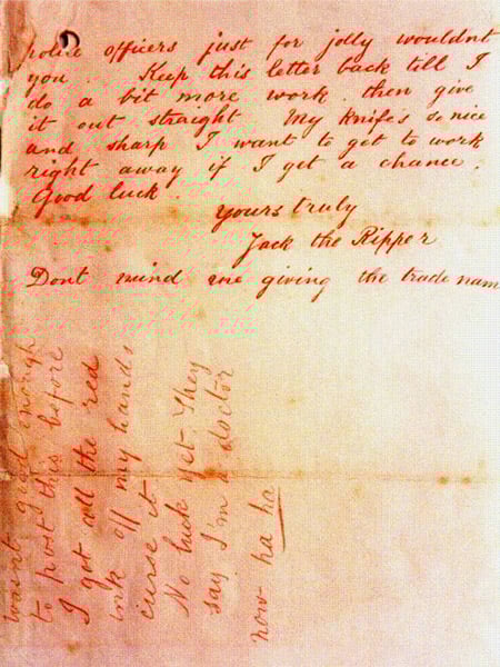 The reverse side of the Dear Boss letter signed Jack the Ripper.