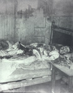 The body of Jack the Ripper's last victim Mary Kelly on her bed in Miller's Court.