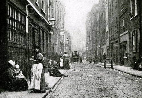 Looking along Dorset Street where Mary Kelly, Jack the Ripper's last victim, was murdered on 9th November 1888.