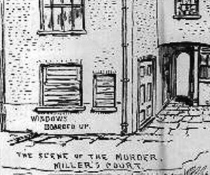 A pencil sketch showing Mary Kelly's room in Miller's Court.