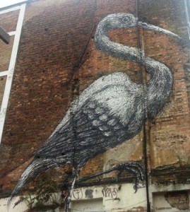 This huge image of a bird appears on a wall of a building off Brick lane.