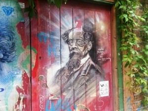This portrait of Charles Dickens is on a wall in Spitalfields.