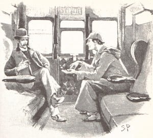 Sherlock Holmes and Dr Watson in a train carriage.