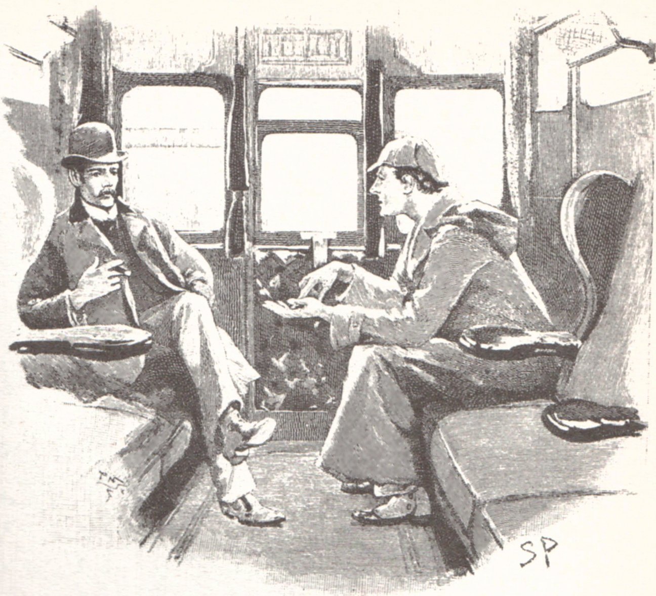 Sherlock Holmes and Dr Watson in a train carriage.