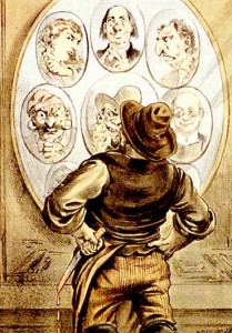 A man looking at a poster showing various Jack the Ripper suspects.