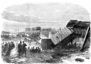 Carriages from the Staplehurst rail crash lie scattered around the river bed.