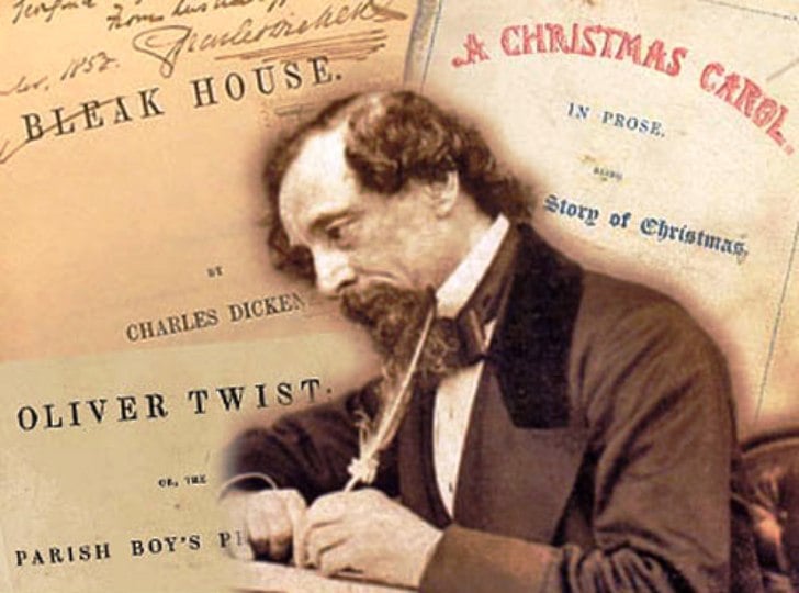 Dickens writing with book covers behind him/