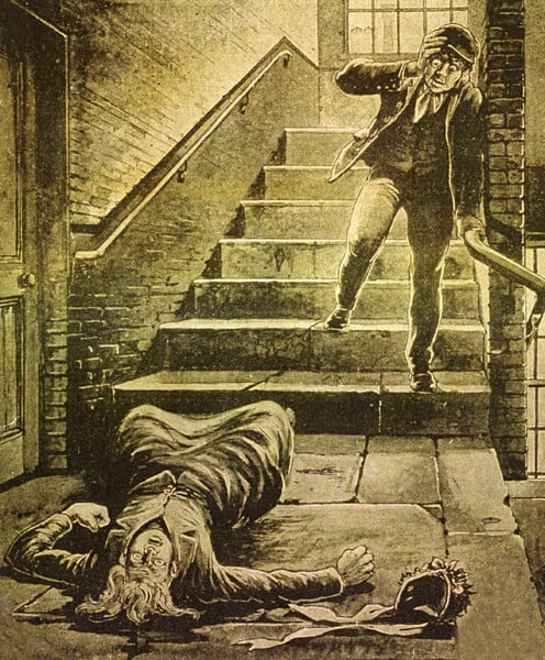 A press image of a man reacting at the sight of a body on the landing of George Yard Buildings.