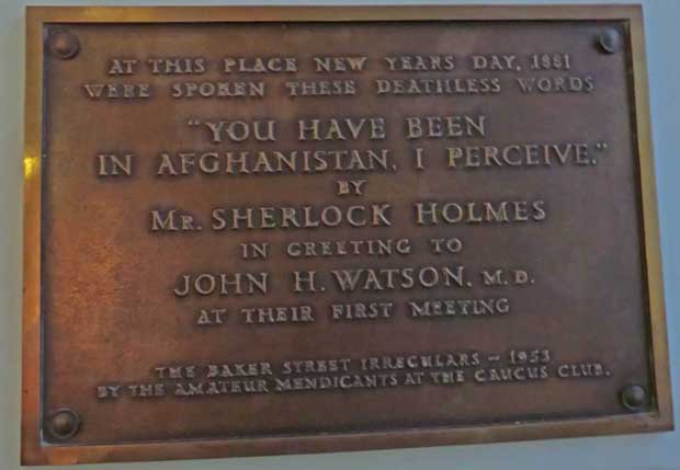 The plaque commemorating the meeting between Holmes and Watson at Barts Hospital.
