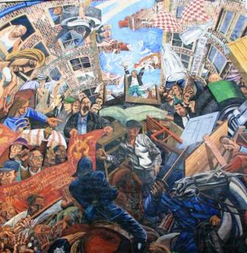 A street mural showing the Battle of Cable Street.