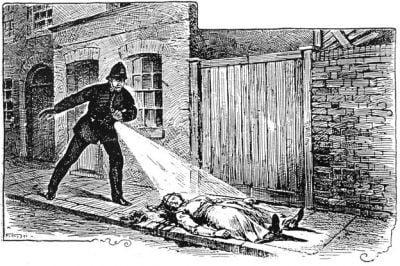 PC Neil shines his lamp onto the prone form of Mary Nichols.