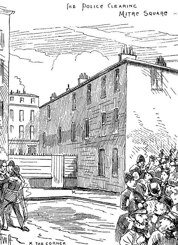 A crowd of people at the murder site in Mitre Square.