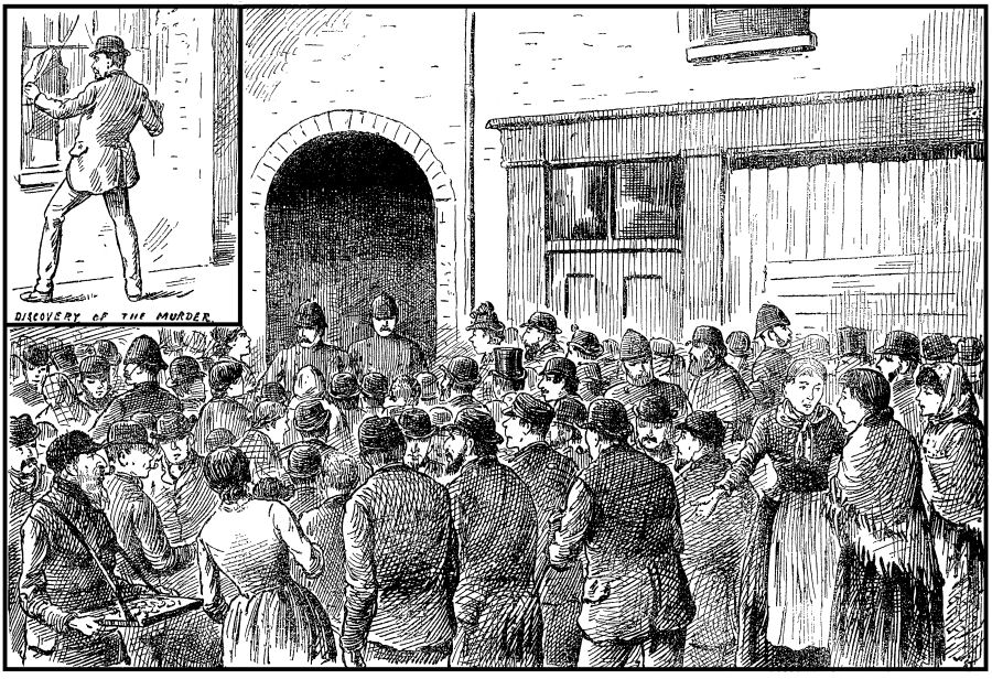 A policeman keeps crowds out of Miller's Court on the day of the murder of Mary Kelly.