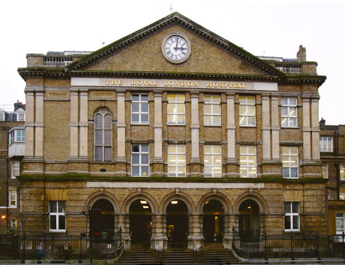 An exterior view of the London Hospital.