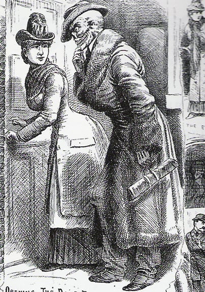An image of Mary Kelly letting a skeletal-like ghoul into her room.