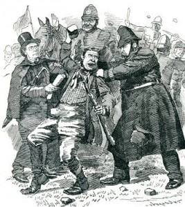 Police wrestle with a protester in Trafalgar Square.