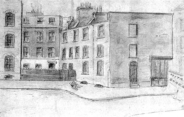 A sketch of the MItre Square murder site of Catherine Eddowes.