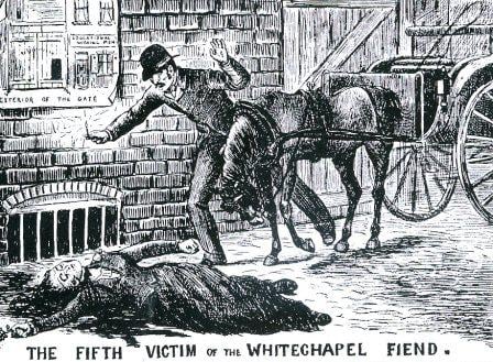 An sketch of club steward Louis Diemshutz finding the body of victim Elizabeth Stride.