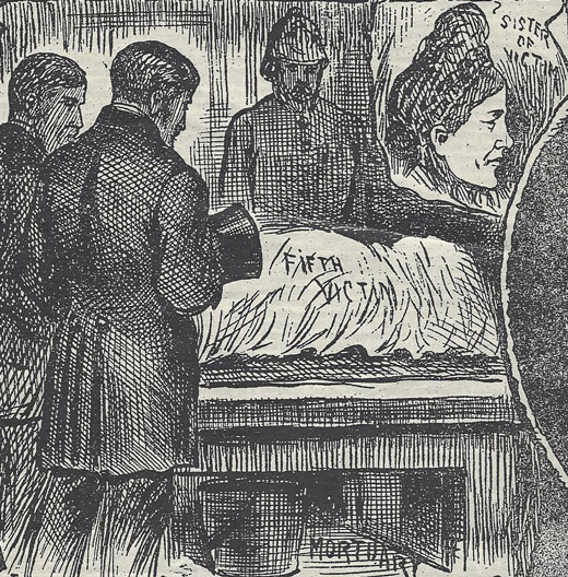 A black and white image showing Elizabeth Stride at the mortuary.