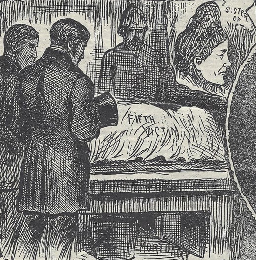 A black and white image showing Elizabeth Stride at the mortuary.