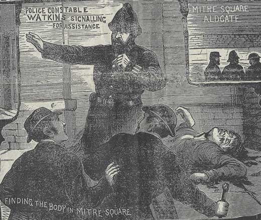 Pc Wtakins standing over the body of Catherine Eddowes and blowing his whistle.