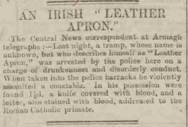 A newspaper article headlined an Irish Leather Apron.