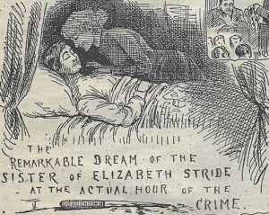 An illustration showing Elizabeth Stride stooping to kiss Mary Malcolm