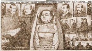An illustration showing Mary Nichols in her coffin.