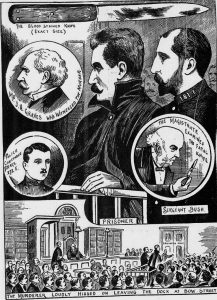 Illustrations showing the accused in court.