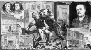 An illustration showing a man attacking another with a razor.