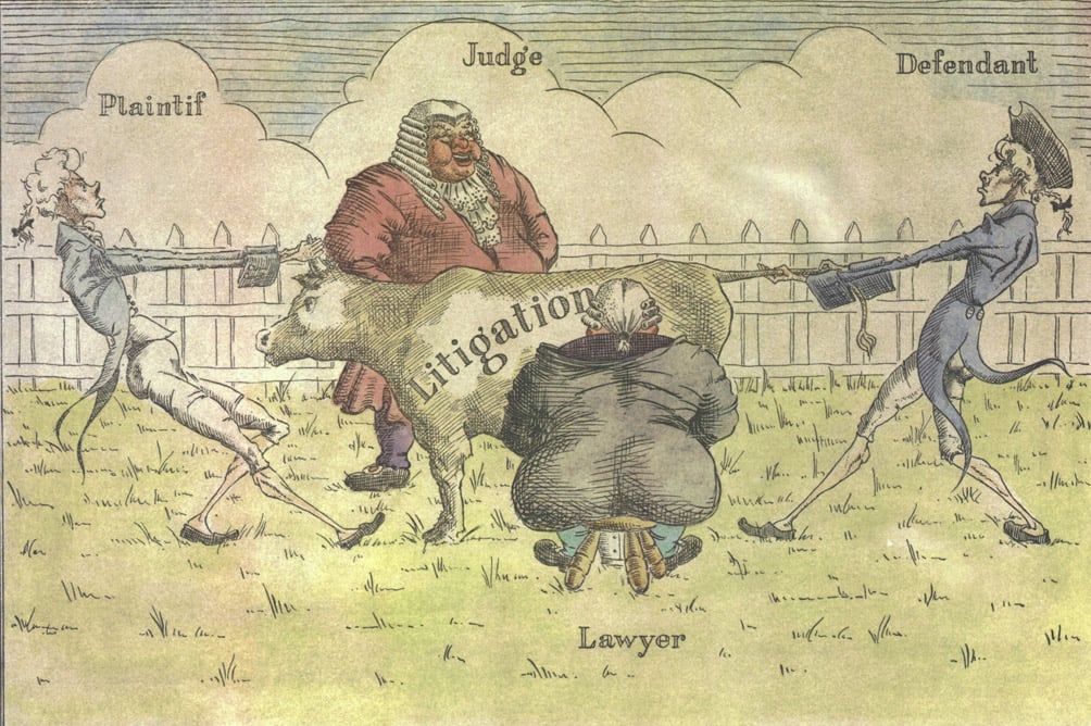 An image of the Law Suit showing tow farmers fighting over a cow that is being milked by a lawyer.