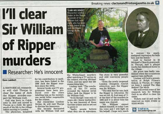 A newspaper article and photograph of Lindsay Siviter at Sir William Gull's grave.