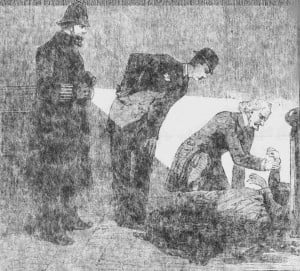 The dodctors and policeman examine the body of Lucy Clarke at the scene of the crime.