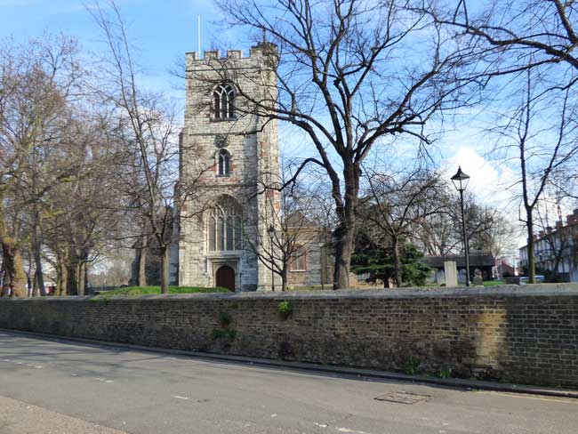 A view of thee stone tower of All Souls Church 
