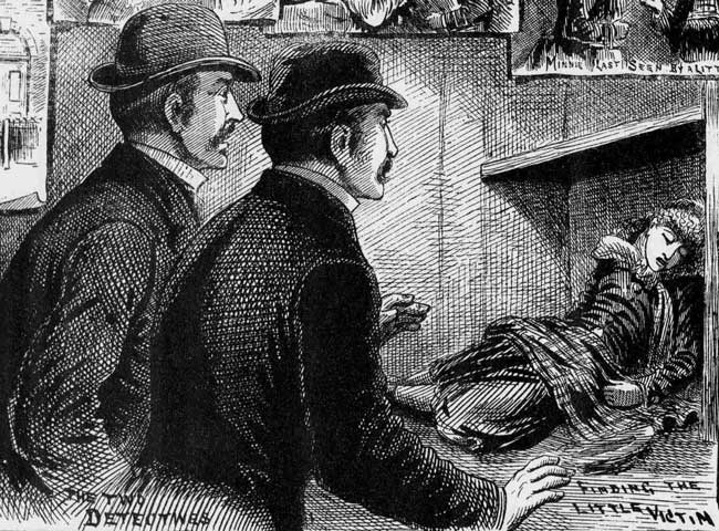 The two detectives looking at the body of Amelia Jeffs in the cupboard.