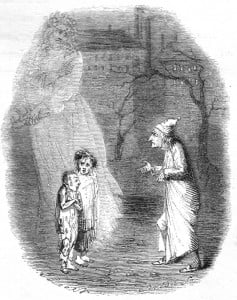The Gost of Christmas Present shows Scrooge the two children Ignorance and Want.