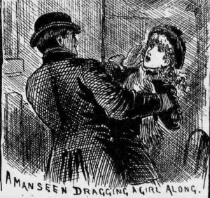 A man takes hold of a girl and tries to drag her along.