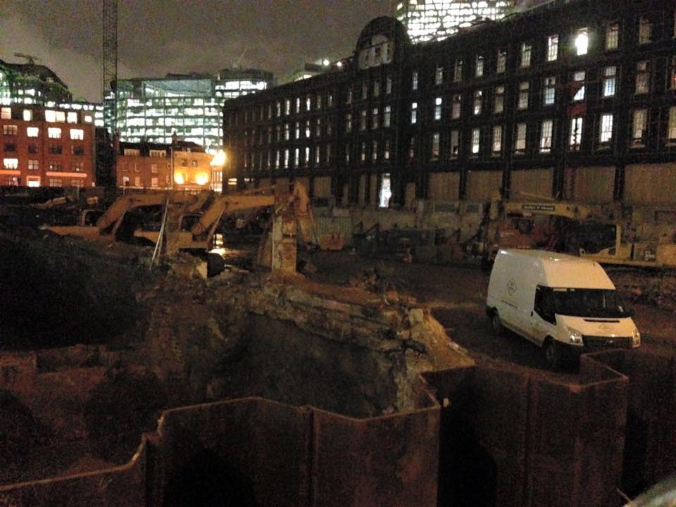 The demolished Dorset Street in the dark.