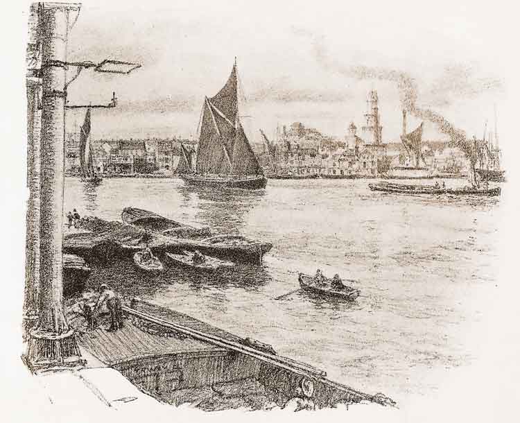 Ships and boats on the River Thames at Limehouse Reach.