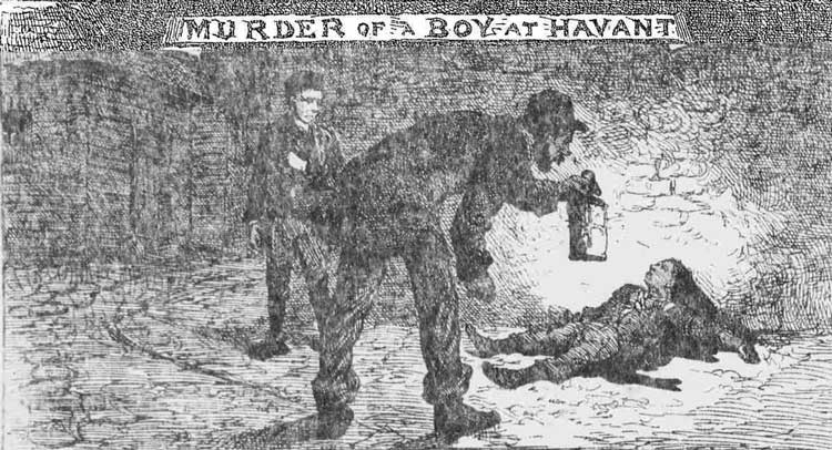 The milkman Pratt, watched by Robert Husband, holds his lantern over the body of the murdered boy.