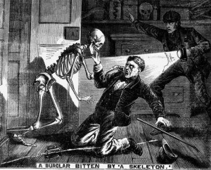 An illustration of the burglar being bitten by the skeleton.