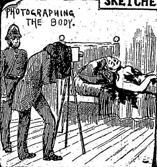 A photographer taking a photograph of Mary Kelly's body lying on her bed.