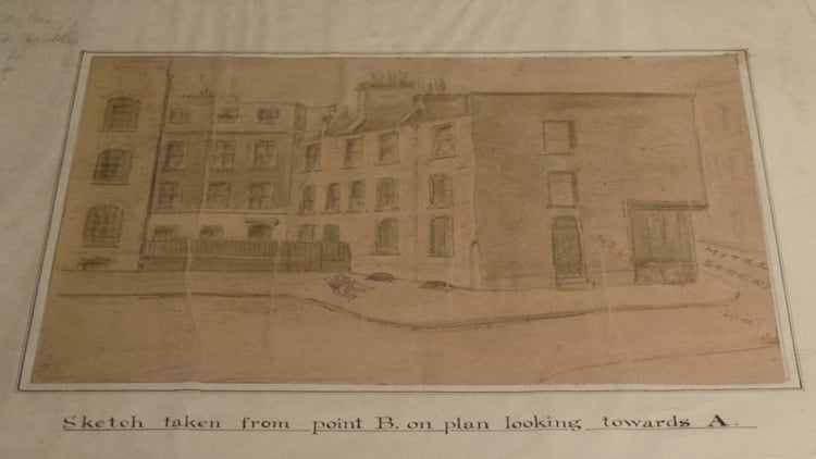 A sketch of Mitre Square and the buildings at the scene of Catherine Eddowes murder.