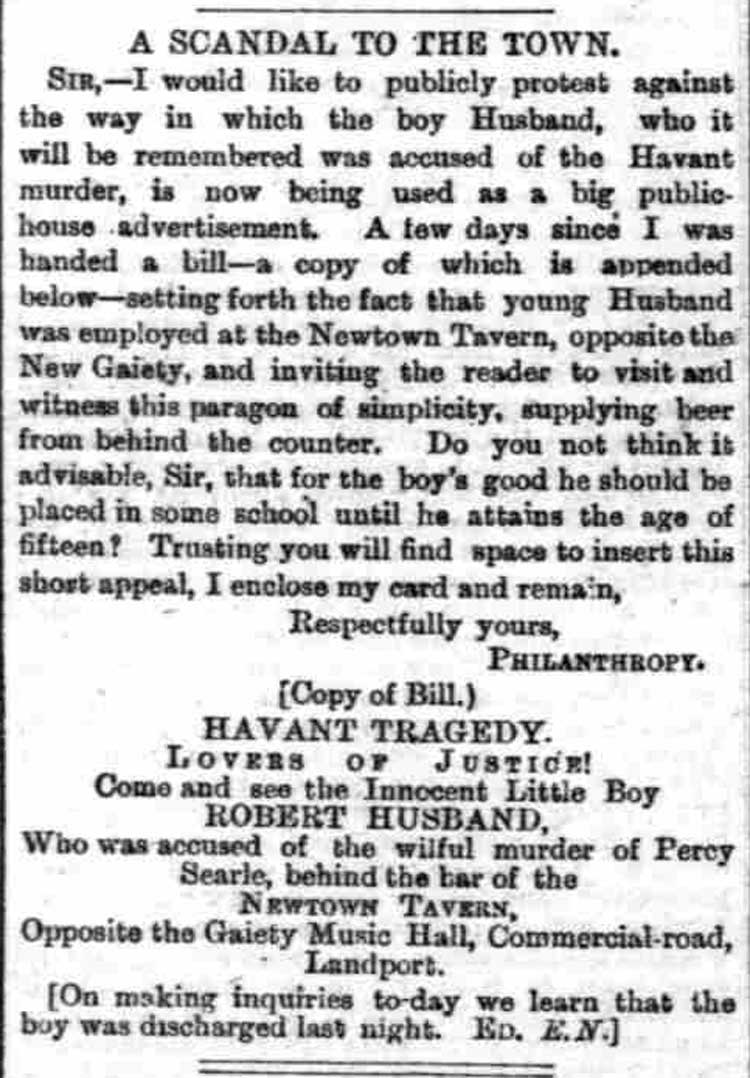 The advert from a publican to come and see the innocent boy Robert Husband.