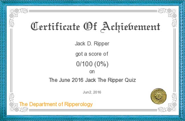 An image of the Jack the Ripper quiz certificate.