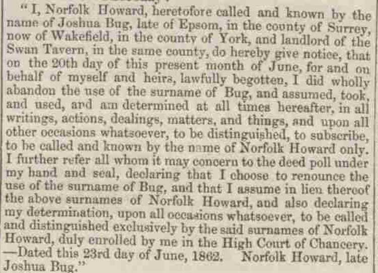 The newspaper announcement of Joshua Bug's name change.