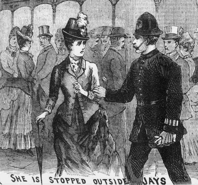 An illustration showing PC Endacott arresting Miss Cass.