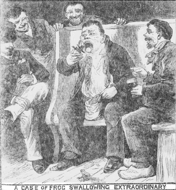 An illustration showing a man swallowing a frog.