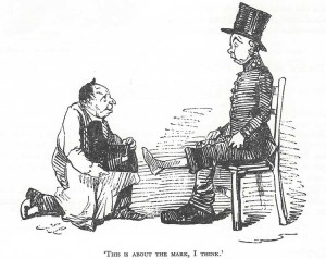 A skecth showing a policeman being fitted with an oversized boot.